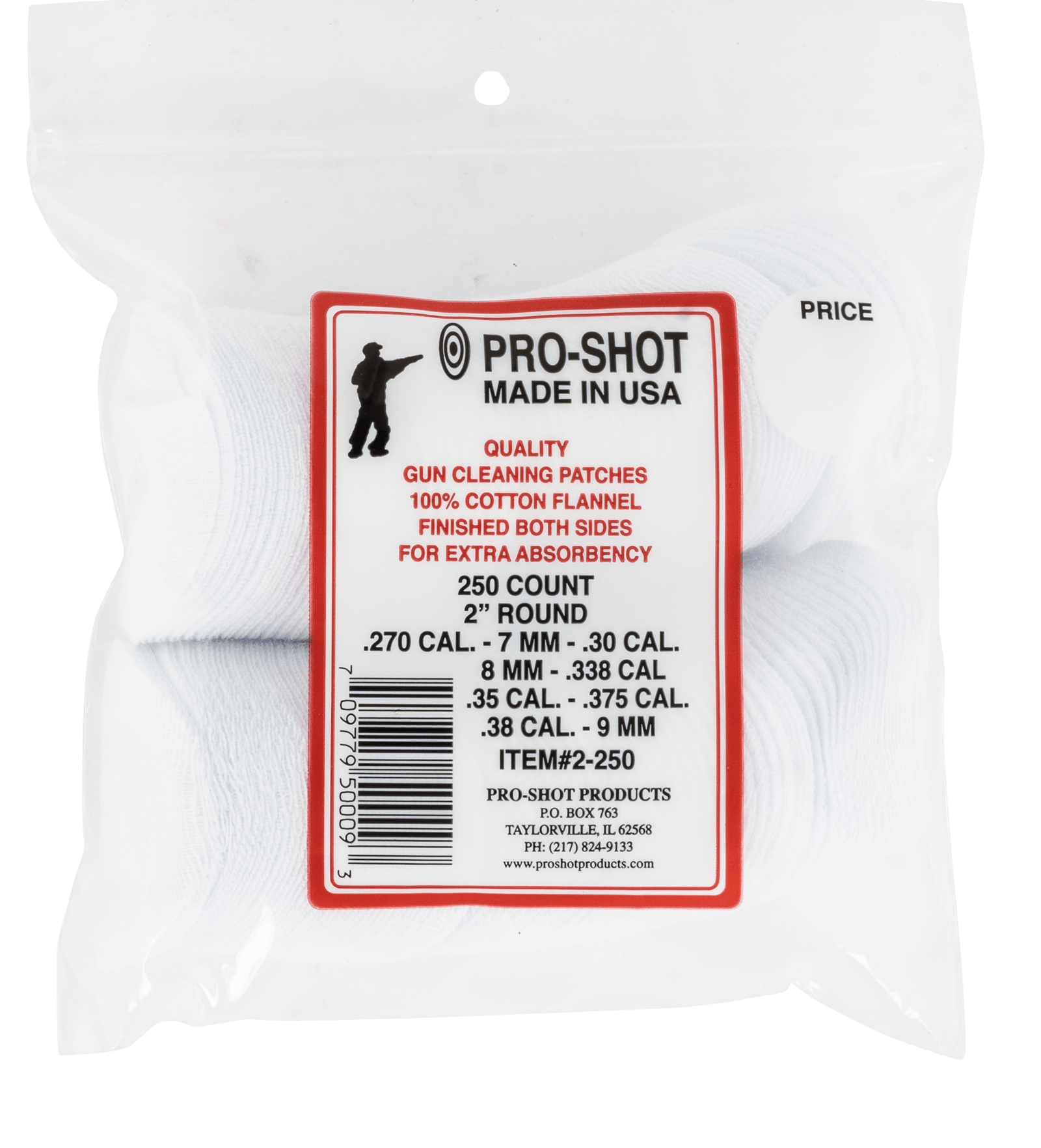 Pro-Shot 2250 Cleaning Patches  .270 - .38 Cal 2" Round Cotton Flannel 250 Pack