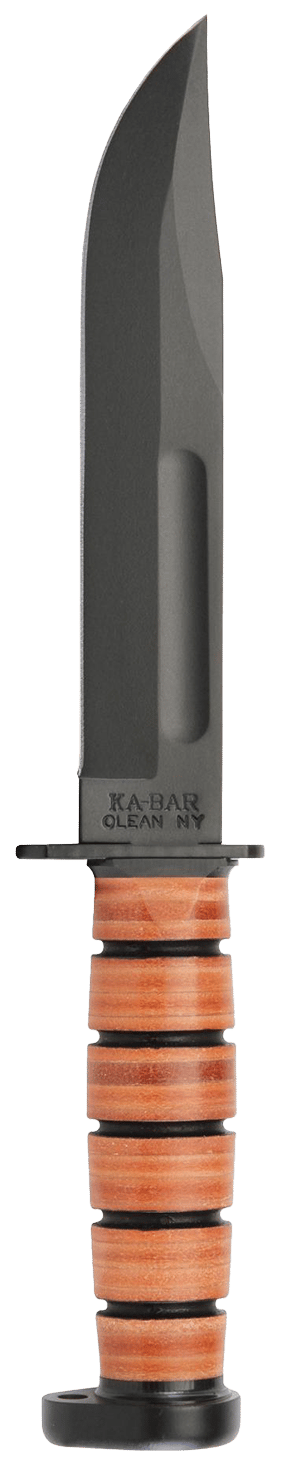 Ka-Bar 1317 Dog's Head Utility Knife 7" Fixed Clip Point Plain Black 1095 Cro-Van Blade, Brown Leather Handle, Includes Sheath