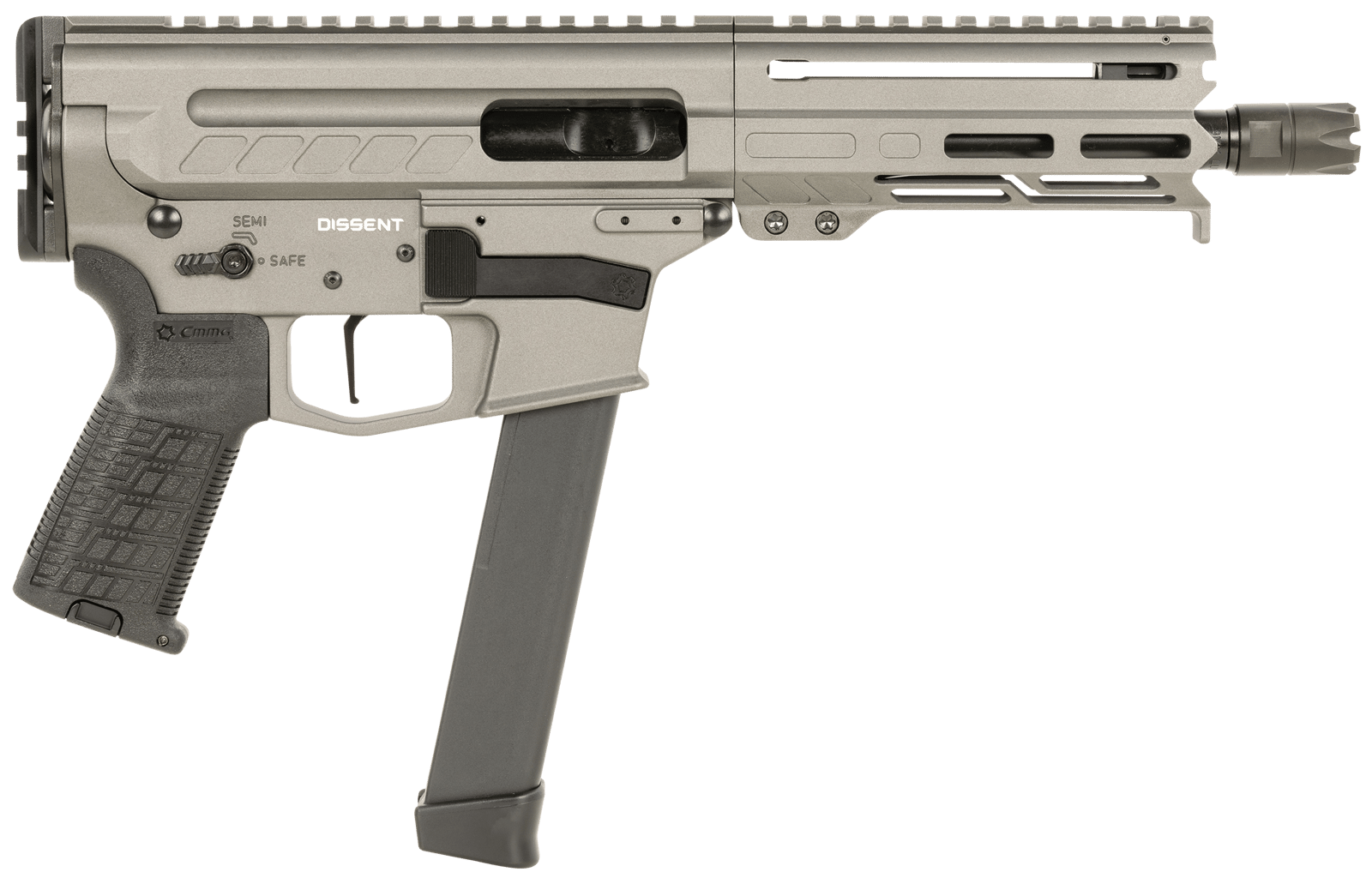 CMMG 99A68A2TNG Dissent MKGS 9mm Luger 33+1 6.50", Tungsten Gray Rec, Picatinny Brace Adapter, 5.50" M-LOK Handguard, Left Side Charging Handle, Zeroed Linear Comp, TriggerTech Trigger
