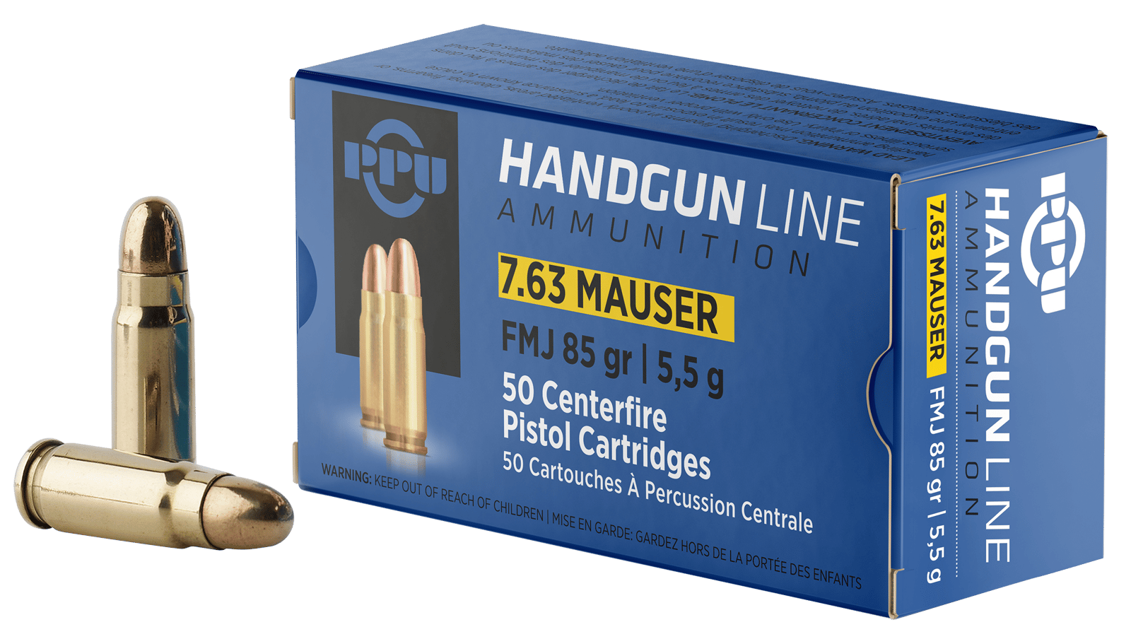 PPU PPH763 Handgun  7.63mmMauser 85gr Full Metal Jacket 50 Per Box/10 Case