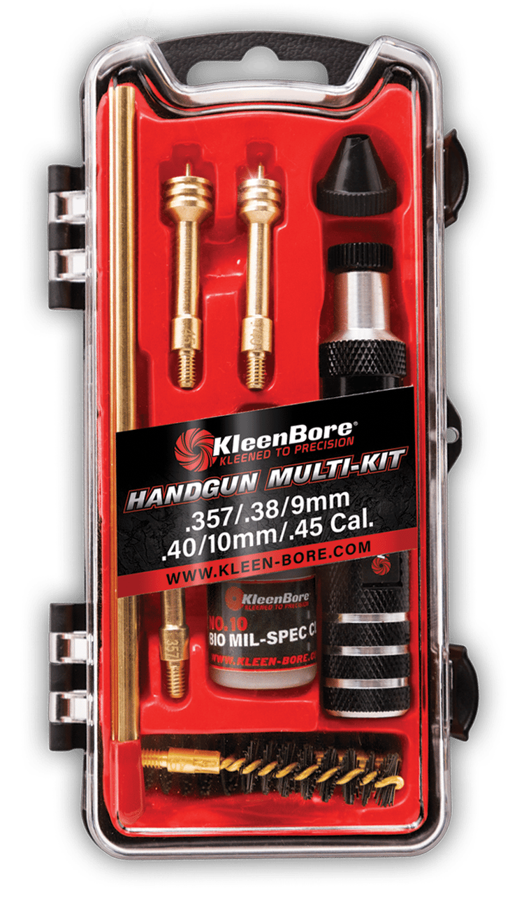 KleenBore HMK3845 Multi-Pistol Kit .38/ .40/ .45/ 9mm/ 10mm Handgun Black/Red