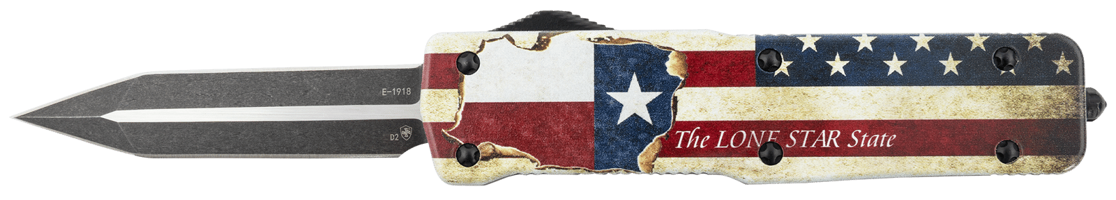 Templar Knife LZTX121 Premium Weighted Texan Large 3.55" OTF Dagger Plain Black Oxide Stonewashed D2 Steel Blade, 5.25" Red/White/Blue w/"The LONE STAR State" Aluminum Zinc Alloy Handle