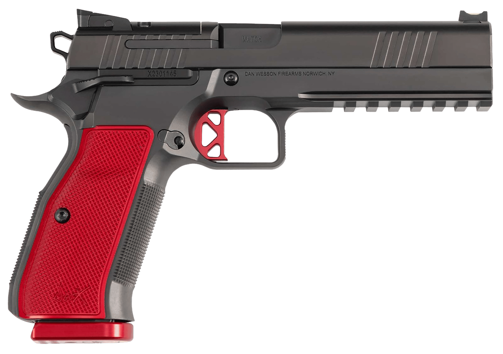 Dan Wesson 92003 DWX  9mm Luger 19+1 4.95" Black Match Grade Barrel, Black DLC Optics Ready Serrated Steel Slide, Black Aluminum Frame w/Beavertail & Picatinny Rail, Red Textured Aluminum Grip