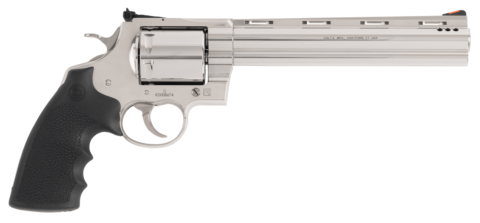 Colt Mfg KODIAKSP8RTS Kodiak  44 Mag 6 Shot 8" Stainless Ported Vent Rib Barrel, Stainless Unfluted Cylinder & Stainless Steel Frame, Black Rubber Grip, Exposed Hammer