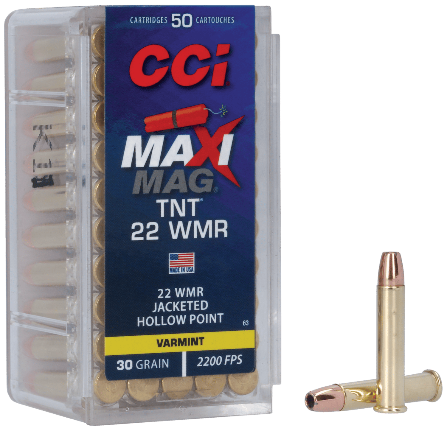 CCI 0063 Maxi-Mag TNT 22WMR 30gr TNT Jacketed Hollow Point 50 Per Box/40 Case