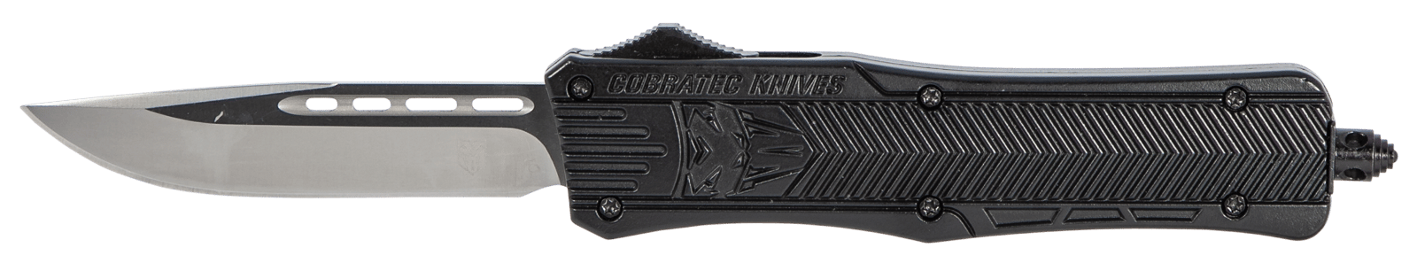 CobraTec Knives MBCTK1MDNS CTK-1  Medium 3" OTF Drop Point Plain D2 Steel Blade/Black Aluminum Handle Features Glass Breaker Includes Side Button