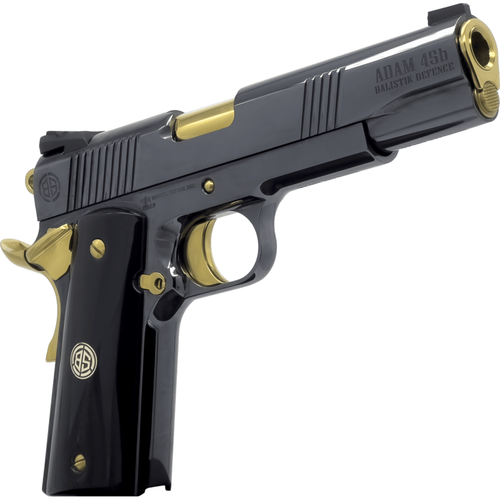 Dickinson LLC DKSN45AB Adam 1911 Acoustic Full Size 45 ACP 8+1 5" Gold Barrel, Shiny Black Steel B Serrations Slide, Shiny Black Steel Frame w/Beavertail