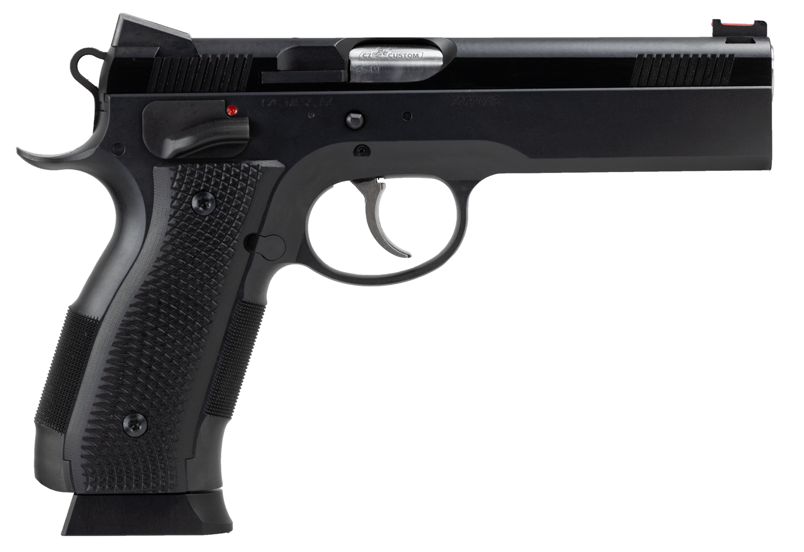 CZ-USA 91731 A01-LD  Full Size Frame 9mm Luger 19+1 4.93" Black Match Grade Bull Barrel, Blued Serrated Steel Slide, Blued Steel Frame w/Beavertail, Black Checkered Polymer Grip