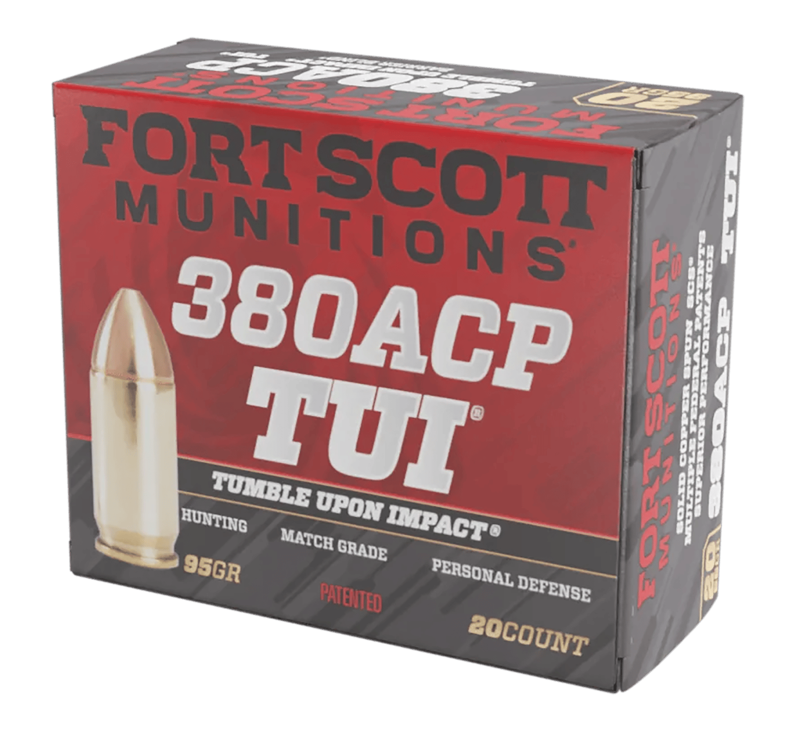 Fort Scott Munitions 380095SCV Tumble Upon Impact (TUI)  380ACP 95gr Solid Copper Spun 20 Per Box/25 Case