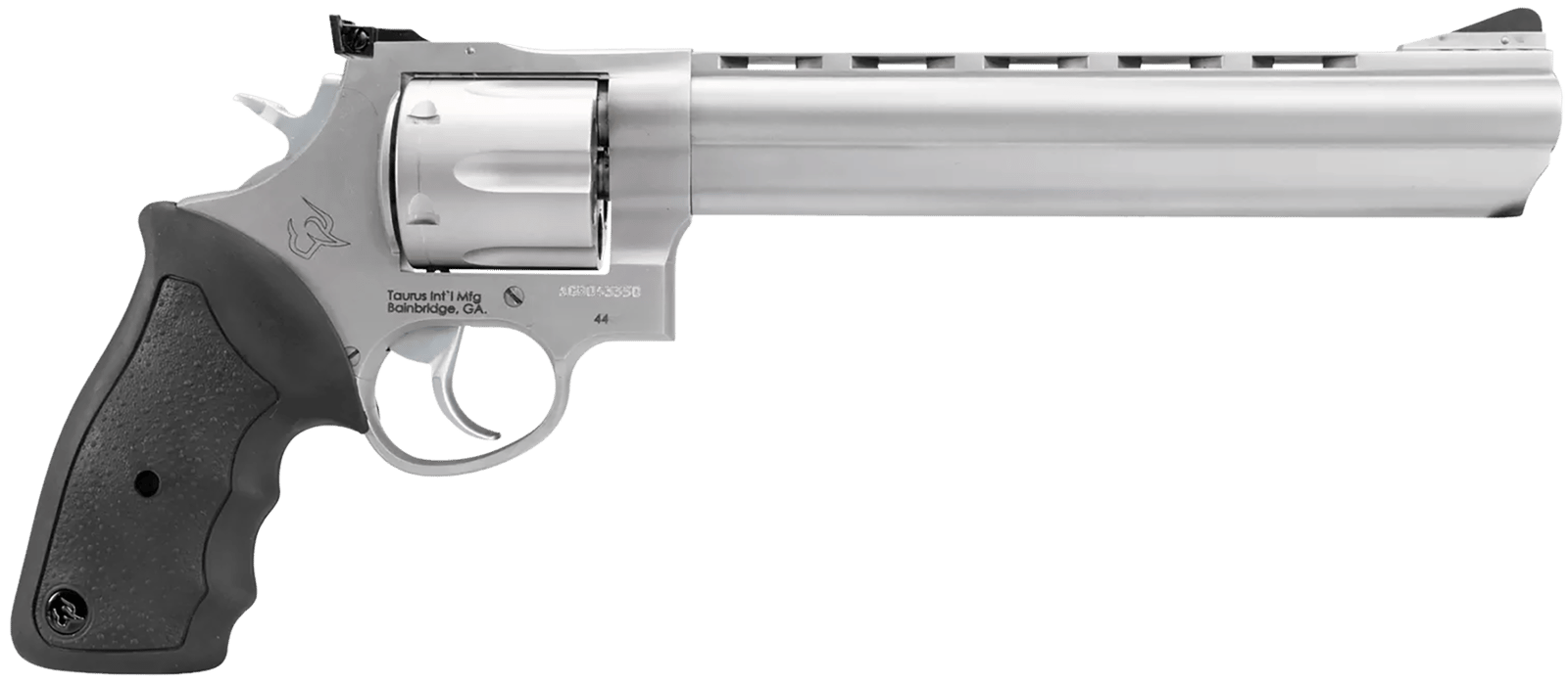 Taurus 2-440089 44  Large 44 Rem Mag 6 Shot 8.37" Matte Stainless Ported Barrel, Cylinder & Frame, Black Finger Grooved Rubber Grip, Transfer Bar Safety, Exposed Hammer