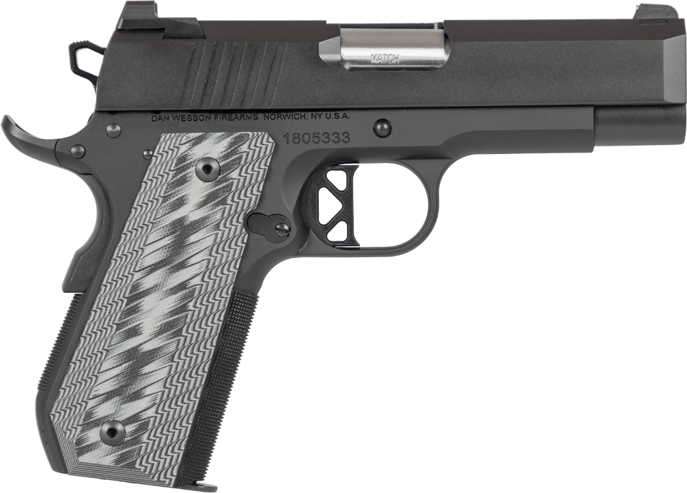 Dan Wesson 01883 ECP  Compact Frame 45 ACP 8+1 4" Stainless Bull Barrel Black Duty Serrated Stainless Steel Slide Black Aluminum Frame wBeavertail Black/Gray G10 Grip