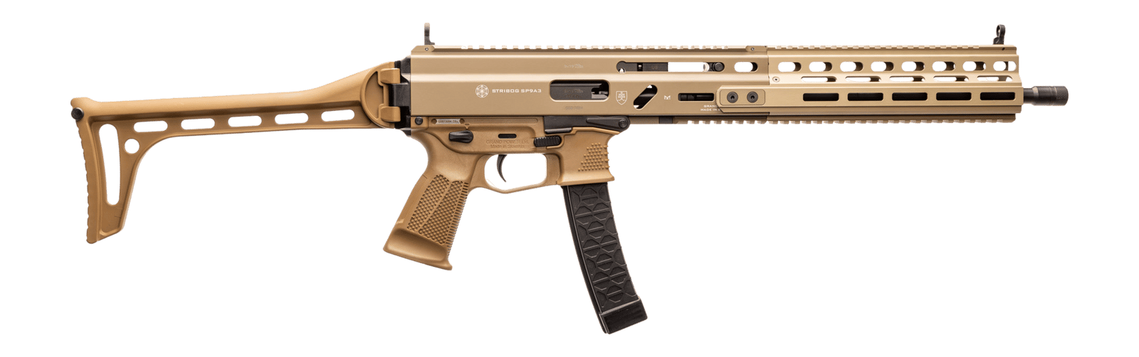 Grand Power 810091157992 SP9A3 Stribog 9mm Luger 30+1 16" Black Threaded Barrel, M-LOK Handguard, Flat Dark Earth Aluminum Picatinny Rail Receiver, Polymer Side Folding Stock, FDE Polymer Grip
