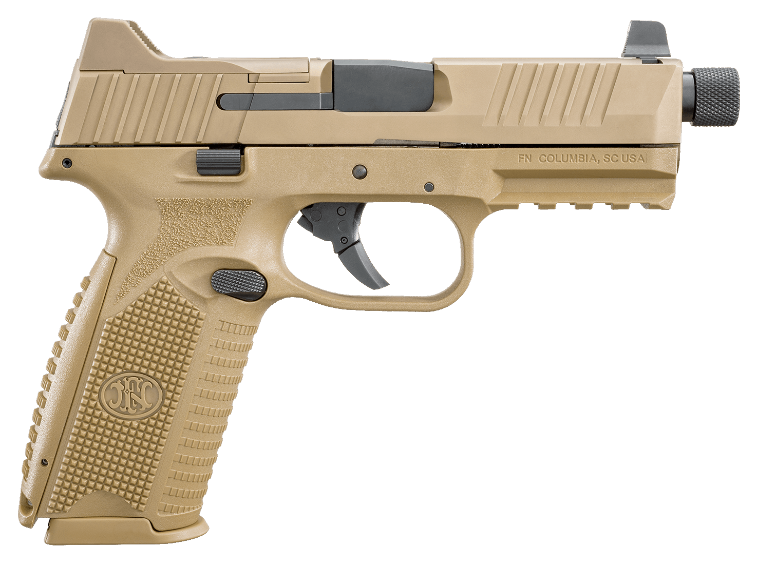 FN 66100383 509T  9mm Luger 10+1 4.50" Black Steel Threaded Barrel, Flat Dark Earth Optic Cut/Serrated Stainless Steel Slide, Flat Dark Earth Polymer Frame w/Picatinny Rail