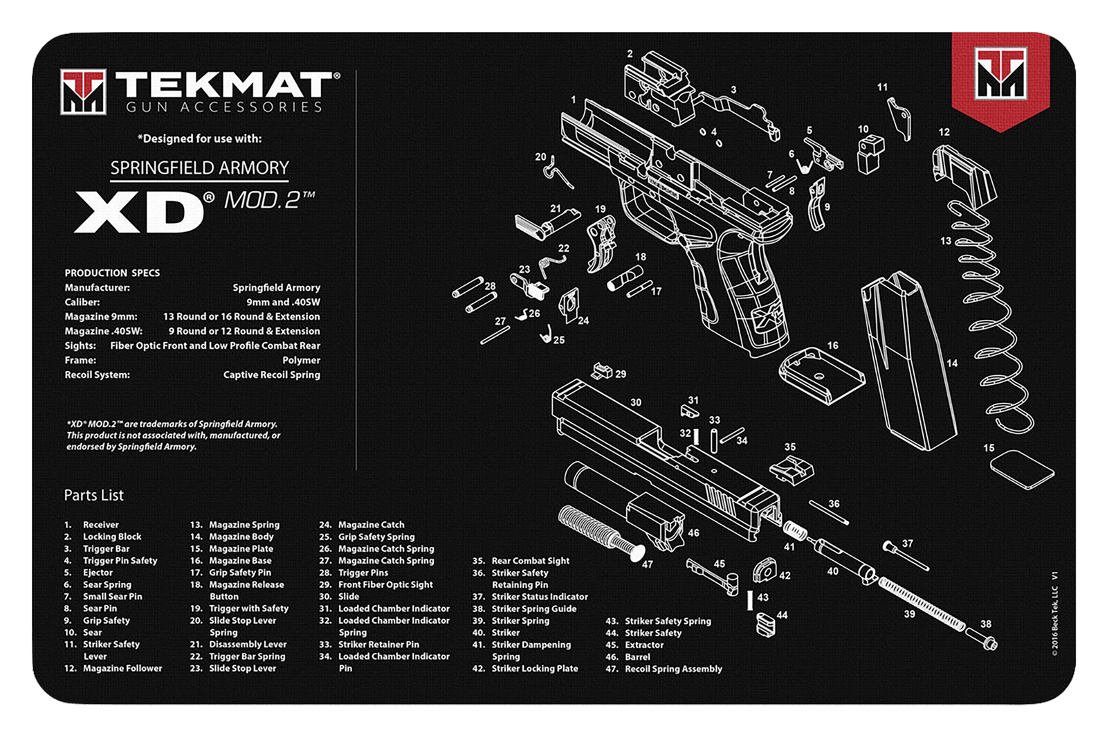 TekMat TEKR17XDMOD2 Springfield Armory XD MOD 2 Cleaning Mat Black/White Rubber 11"x17" Springfield Armory XD MOD 2 Parts Diagram