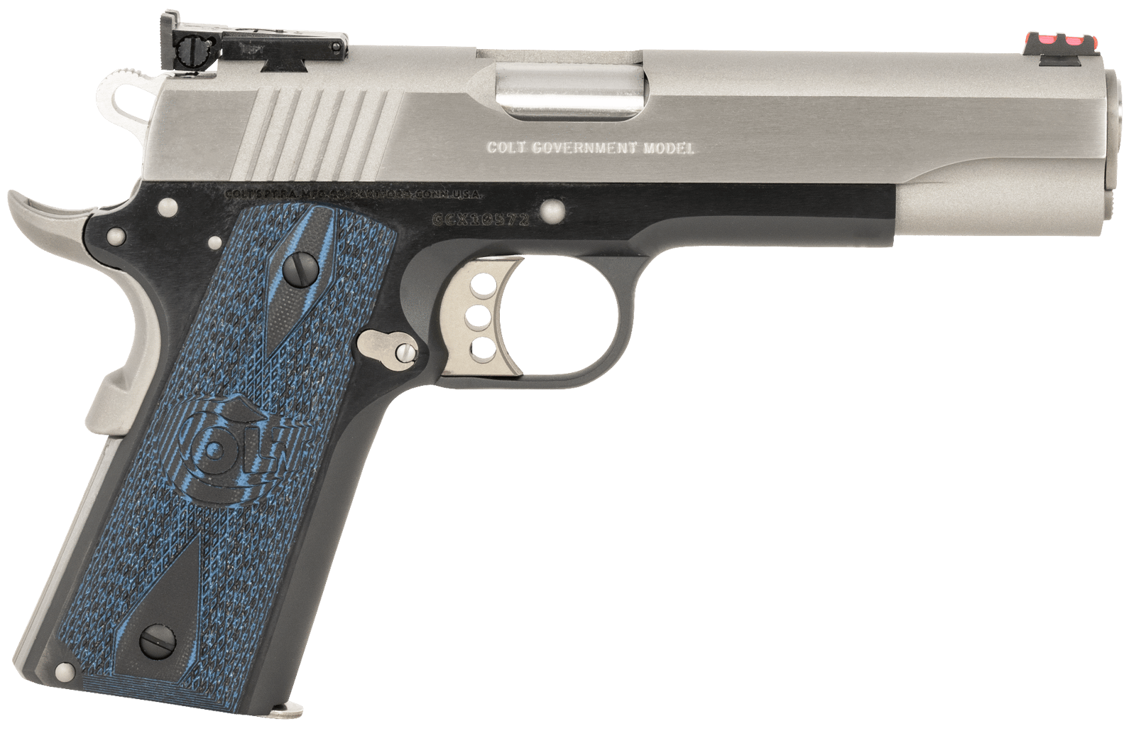 Colt Mfg O5970GCLTT Gold Cup Lite 45 ACP 8+1 5" Stainless National Match Barrel, Brushed Stainless Serrated Slide, Black/Stainless Stainless Steel Frame w/Beavertail, Blue Scalloped Checkered G10 Grip