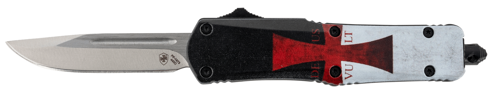 Templar Knife STK332 Gen II Templar Flag Small 2.69" OTF Drop Point Plain Powder Coated 440C SS Blade, 4.31" Templar Flag Aluminum Handle Glass Breaker