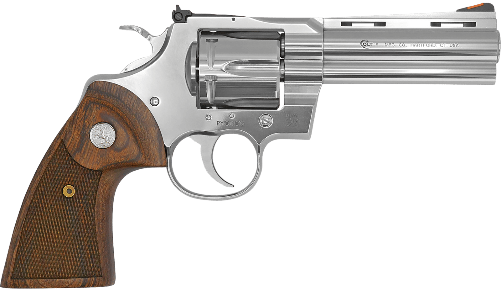Colt Mfg PYTHONSP4WTS Python  38 Special/357 Mag 6 Shot 4.25" Stainless Vent Recessed Target/Vent Rib Barrel, Cylinder & Frame, Walnut w/Colt Medallion Grip