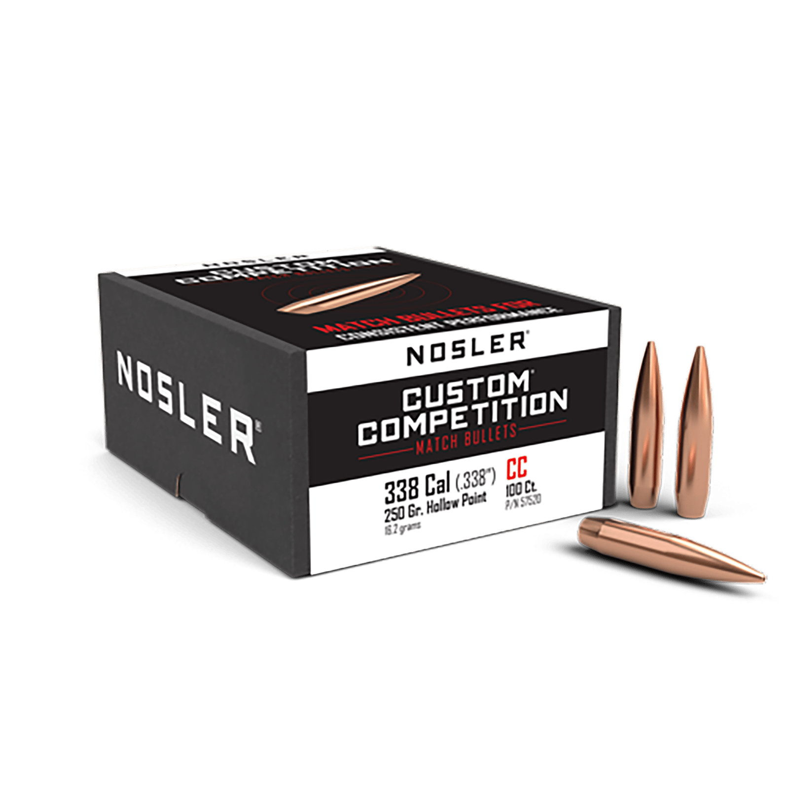 Nosler 57520 Custom Competition 338Cal 250gr Hollow Point Boat Tail 100/Box