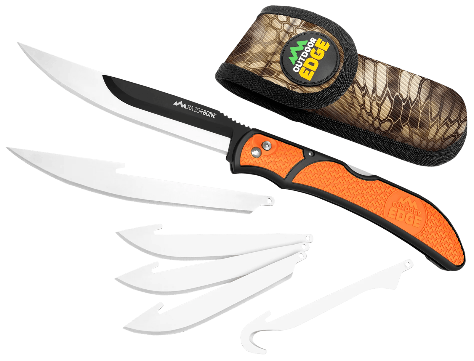 Outdoor Edge RBB20C RazorBone  6 Blades, Folding 3.40" Gut Hook/3.50" Drop Point/5" Fillet Satin/Black Oxide 420J2 SS Blades, Blaze Orange Textured Grivory w/TPR Inserts Handle