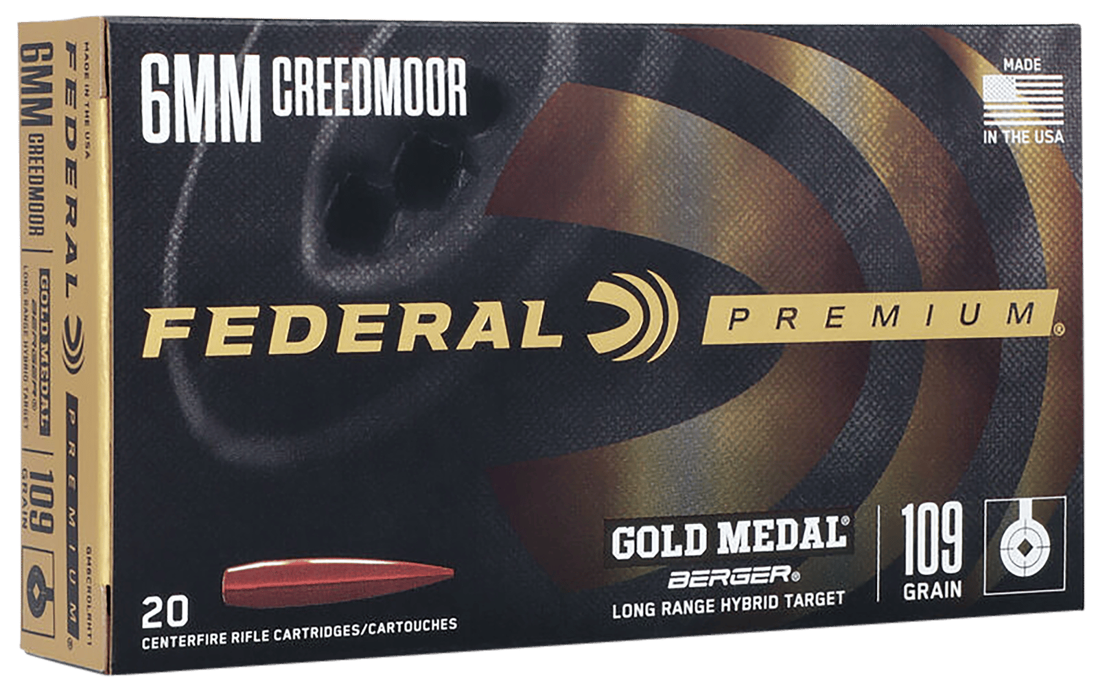 Federal GM6CRDLRHT1 Premium Gold Medal 6mmCreedmoor 109gr Berger Long Range Hybrid Target 20 Per Box/10 Case
