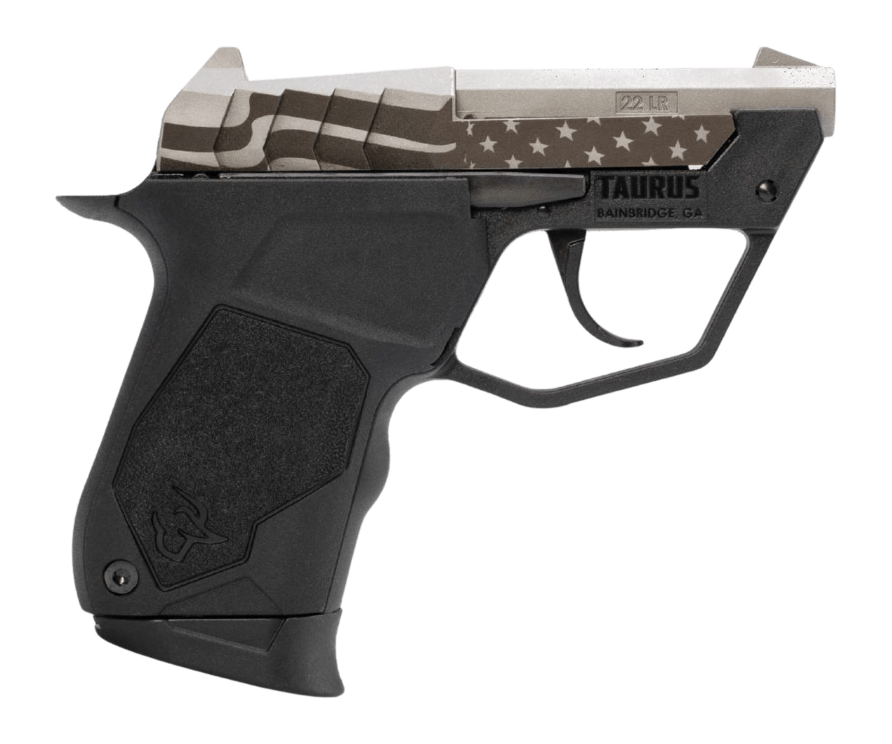 Taurus 1-22TUC139-USFLAG 22TUC  Micro-Compact Frame 22 LR 9+1 2.50" Stainless Tip-Up Barrel, Custom Engraved Serrated Slide, Black Polymer Frame