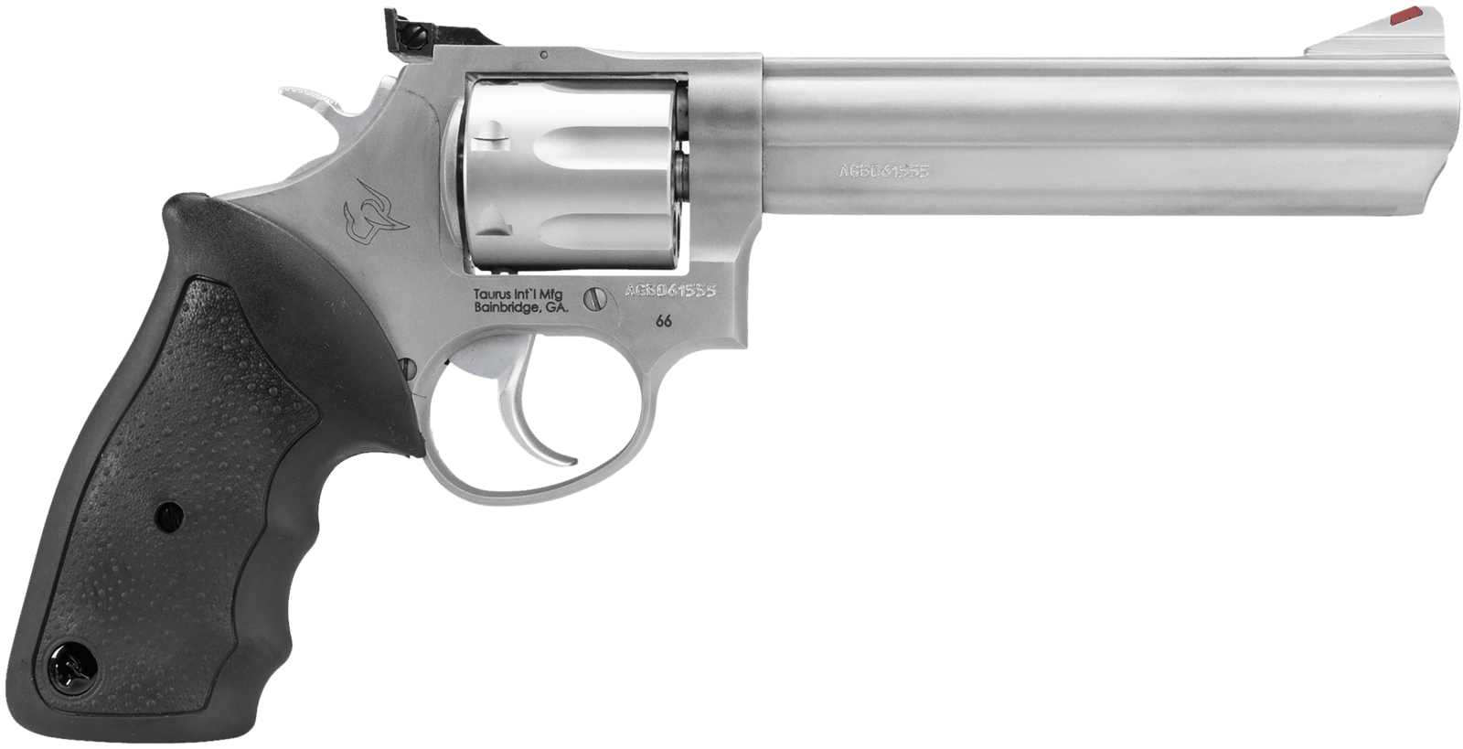 Taurus 2-660069 66  Medium 357 Mag/38 Special +P 7 Shot 6" Matte Stainless Steel Barrel, Cylinder & Frame, Black Finger Grooved Rubber Grip, Transfer Bar Safety, Exposed Hammer