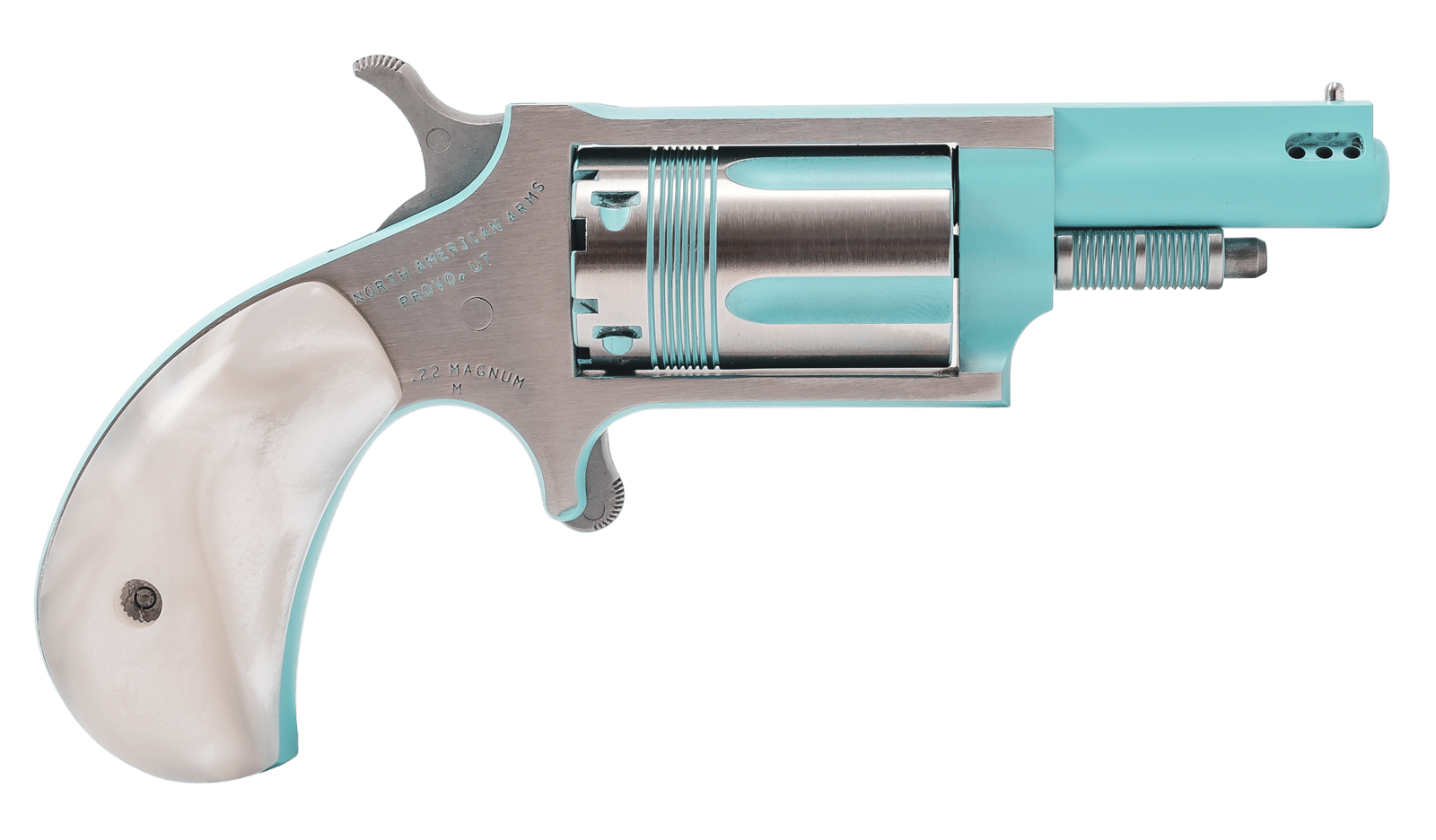 North American Arms 22MPB Iris undefined 22 Mag 5 Shot 1.63" Turquoise Cerakote Ported Barre Matte Stainless Steel Frame, Stainless/Turquoise Cylinder, Faux White Pearl Grip, Exposed Hammer