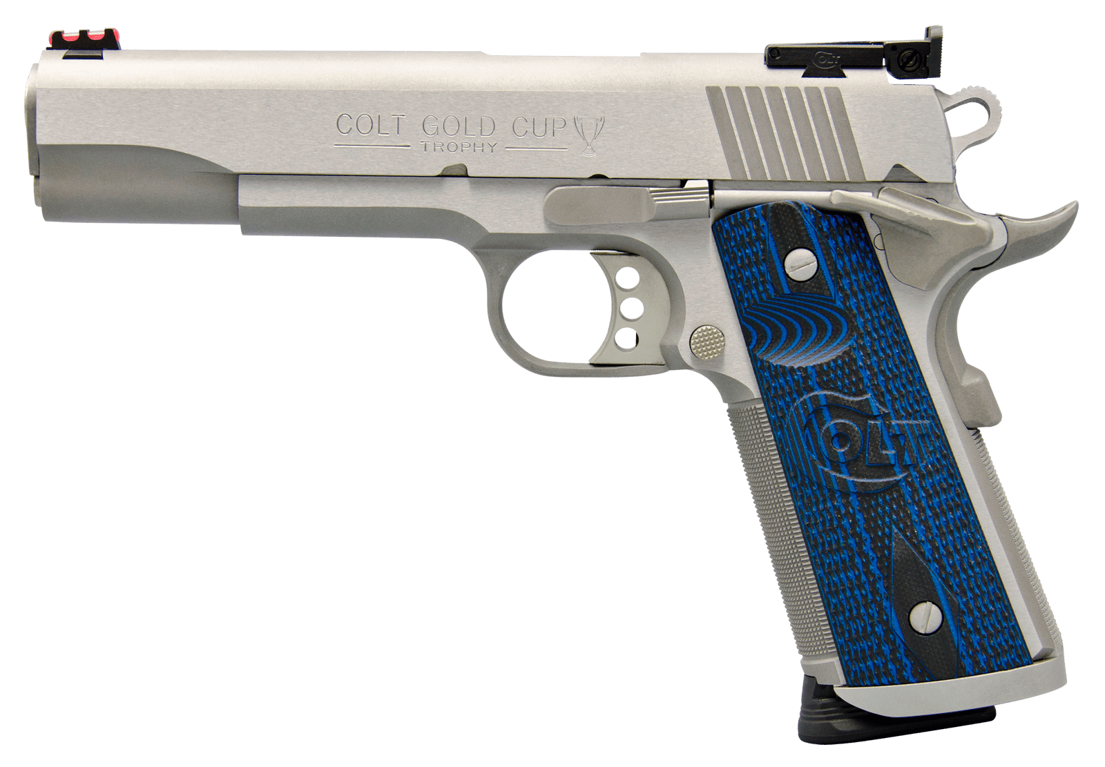 Colt Mfg O5073XE Gold Cup Trophy 38 Super 9+1 5" Stainless National Match Barrel, Stainless Steel Serrated Slide & Frame w/Beavertail, Blue Scalloped G10 Grip, Ambidextrous