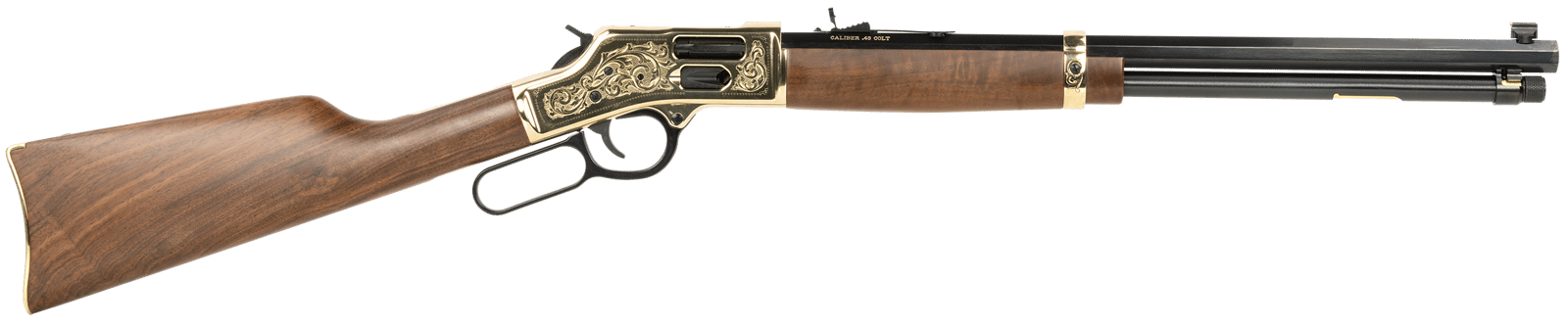 Henry H006GCD Deluxe Side Gate  Full Size 45 Colt (Long Colt) 10+1 20" Blued Octagon Barrel, Polished Brass Engraved Receiver, Drilled & Tapped, Fixed American Walnut Stock Ambidextrous
