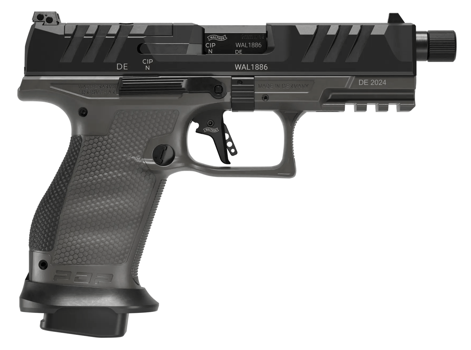 Walther Arms 2871947 PDP Pro SD Compact 9mm Luger 10+1 4.60" Black Threaded Barrel, Black Optic Ready/Serrated Slide, Tungsten Gray Polymer Frame w/Picatinny Rail, Textured Polymer Grip