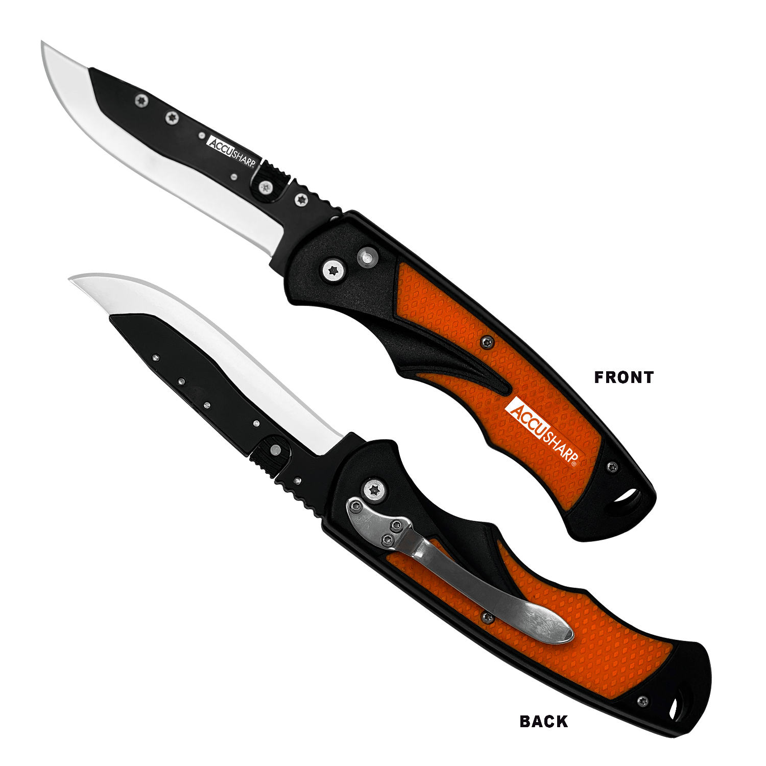 AccuSharp 741C Replaceable Blade Razor  3.50" Folding Plain Stainless Steel Blade/Blaze Orange Ergonomic Anti-Slip Anodized Aluminum Handle/ Includes 2 Replacement Blades/Belt Clip