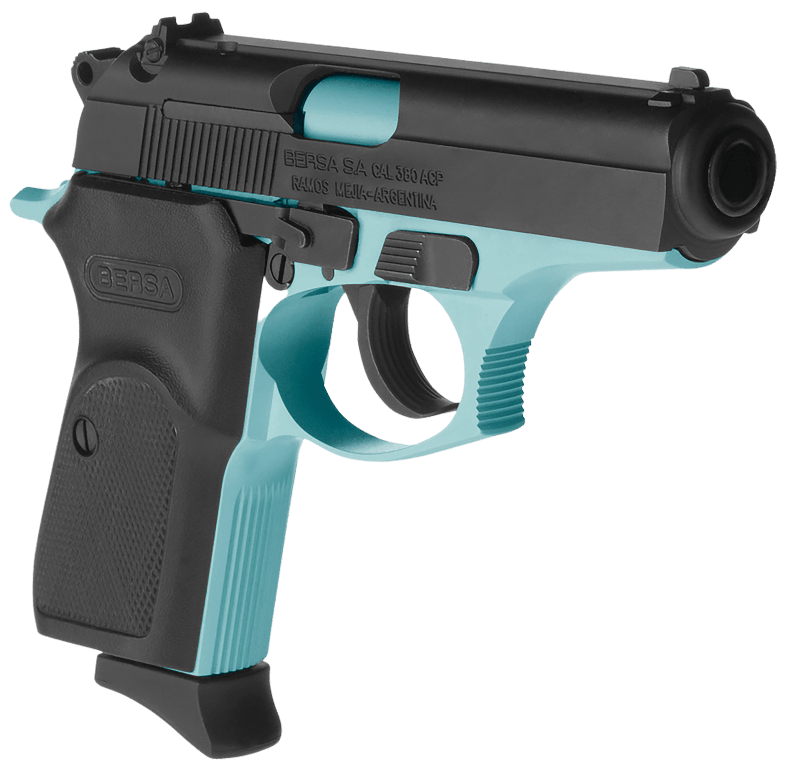 Bersa T380BLM8 Thunder  Micro-Compact Frame 380 ACP 8+1, 3.50" Robin Egg Blue Cerakote Steel Barrel, Matte Black Serrated Steel Slide, Robin Egg Blue Cerakote Aluminum Frame