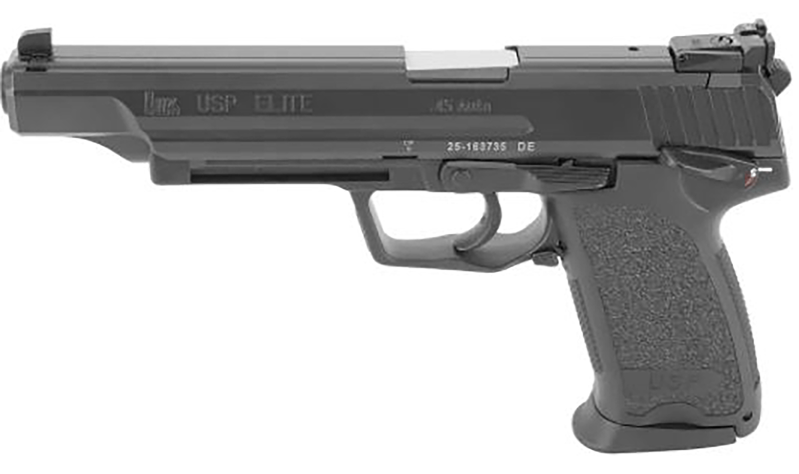 HK 81000367 USP V1 Elite 45 ACP 12+1 6.02" Stainless Stainless Steel Barrel, Black Long/Serrated Steel Slide, Black Polymer Frame, Black Polymer Grip, Includes Two Mags