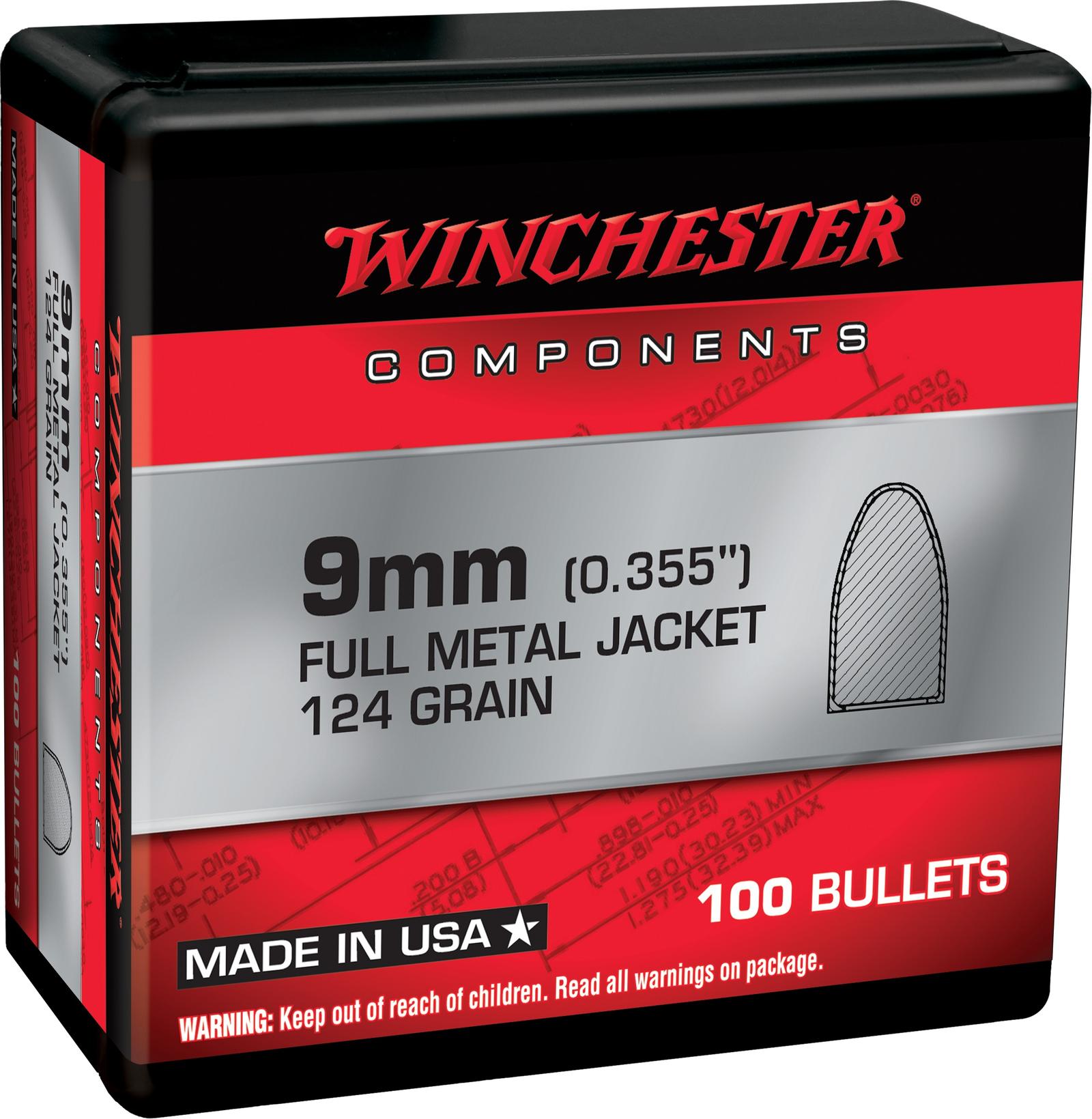 Winchester Ammo WB9MC124X Centerfire Handgun Reloading 9mm 124gr Full Metal Jacket 100 Per Box/10 Case
