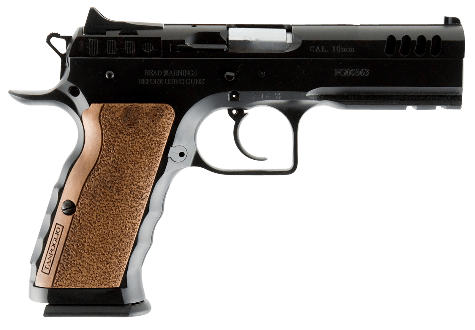Tanfoglio IFG TFSTOCKI10 Defiant Stock I 10mm Auto Caliber with 4.50" Barrel, 13+1 Capacity, Overall Black Finish Steel, Picatinny Rail/Beavertail Frame, Serrated Slide & Wood Grip
