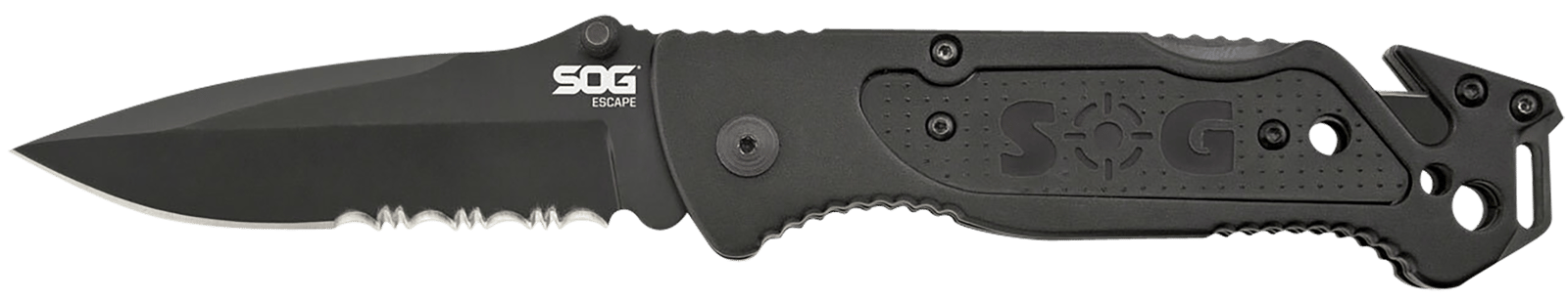 S.O.G SOGFF25CP Escape  3.40" Folding Clip Point Part Serrated Black Hardcased 9Cr18MoV SS Blade Black Anodized Aluminum Handle Includes Belt Clip