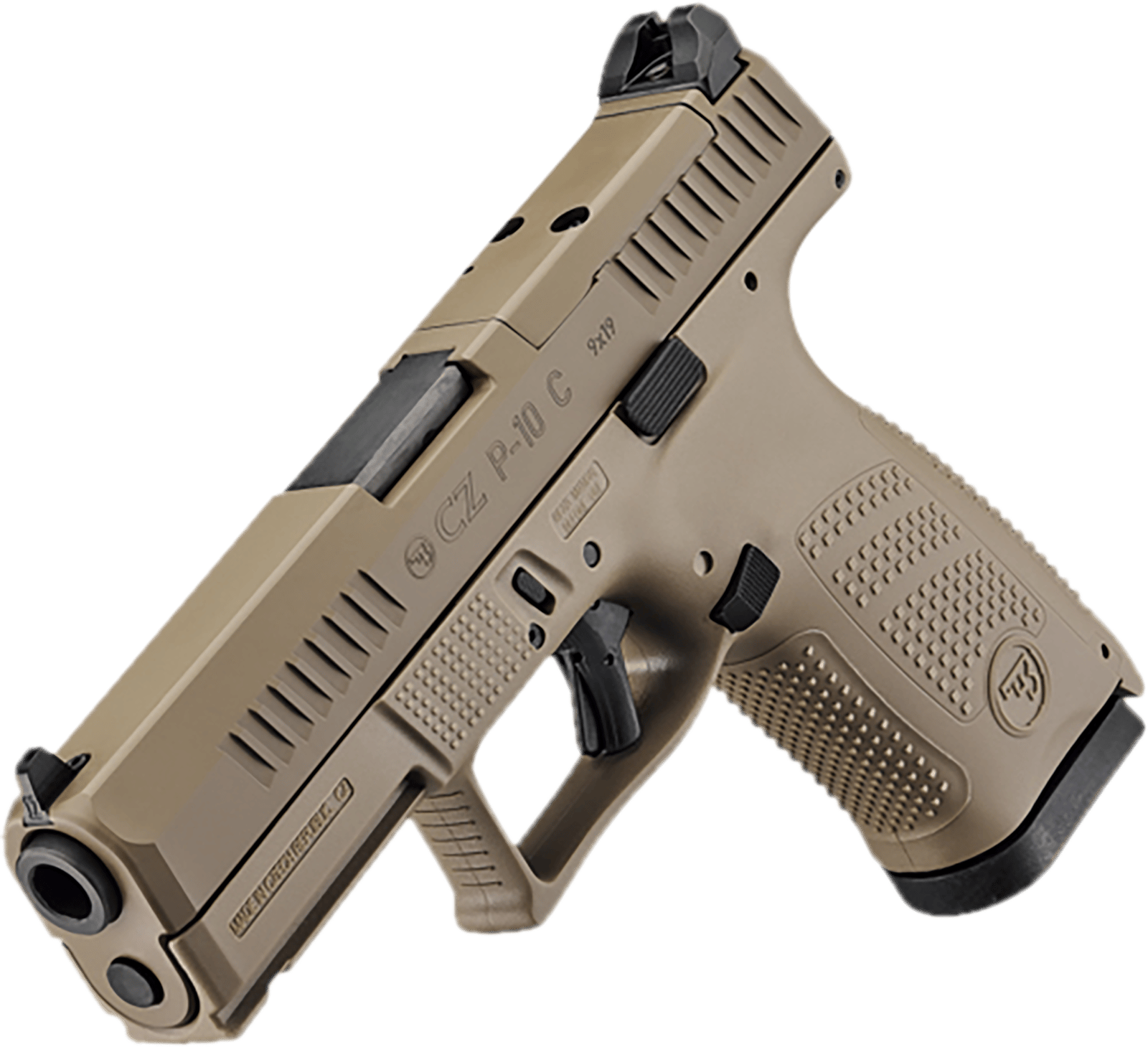CZ-USA 91577 P-10 C  Compact Frame 9mm Luger 15+1 4.02" Black Stainless Steel Barrel, Black Nitride Serrated Steel Slide, Flat Dark Earth Polymer Frame w/Picatinny Rail, Interchangeable Backstrap Grip