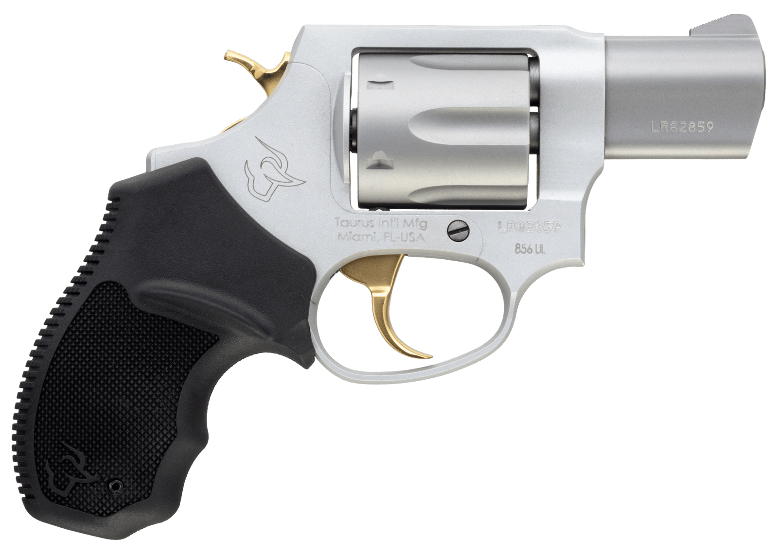 Taurus 2-856029ULGLD 856 Ultra-Lite Small 38 Special 6 Shot 2" Matte Stainless Steel Barrel, Cylinder & Frame, Gold Accents, Black Finger Grooved Rubber Grip, Transfer Bar Safety, Exposed Hammer