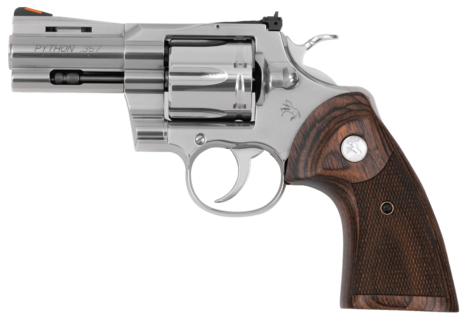Colt Mfg PYTHONSP3WTS Python  38 Special 357 Mag 6 Shot 3" Stainless Recessed Target/Vent Rib Barrel, Cylinder  & Frame, Walnut w/Colt Medallion Grip