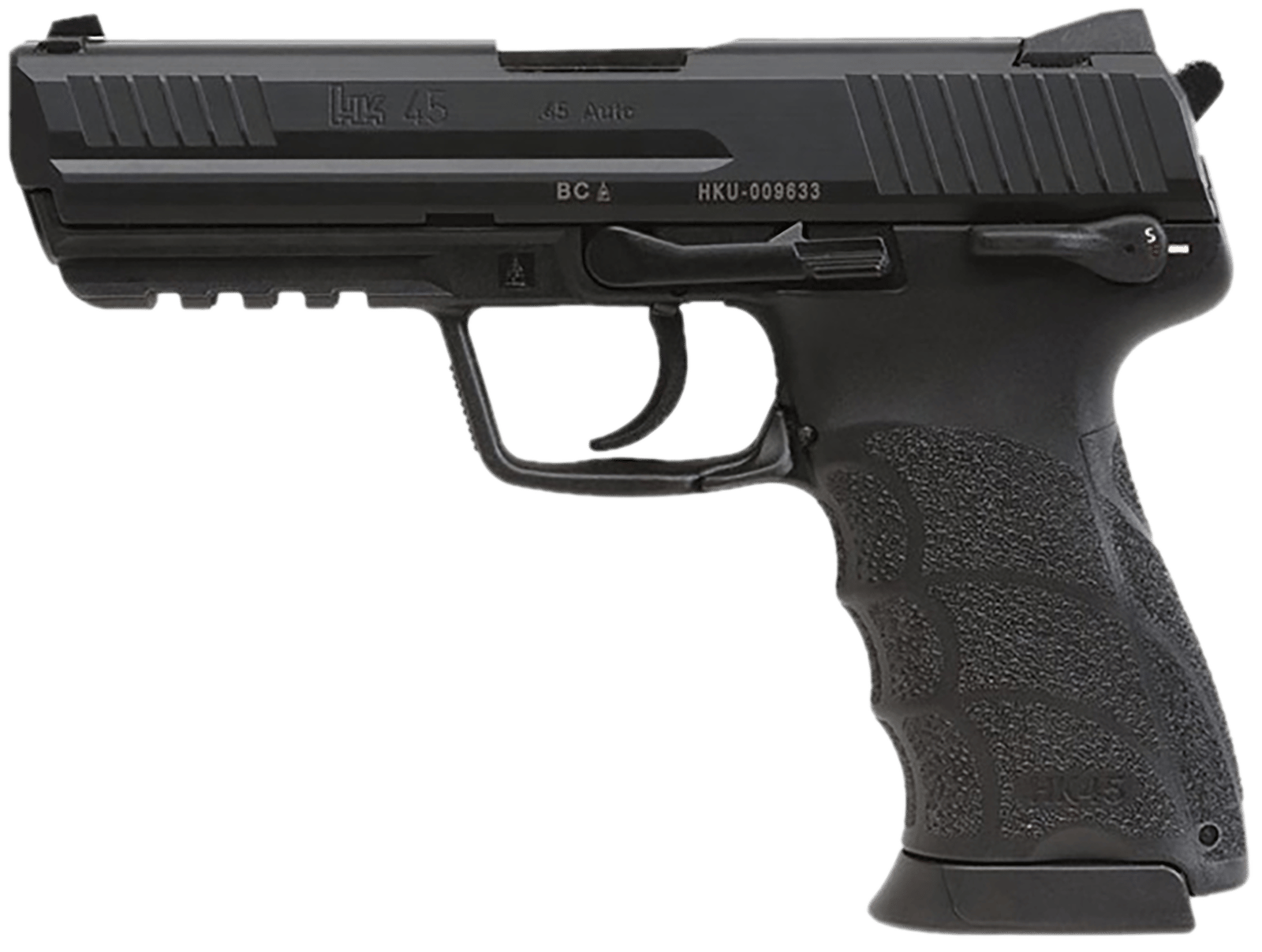 HK 81001113 HK45 V1 45 ACP 10+1 4.46" Black Polygonal Rifled Barrel, Black Cerakote Serrated Steel Slide, Black Polymer Frame w/Picatinny Rail, Ambidextrous