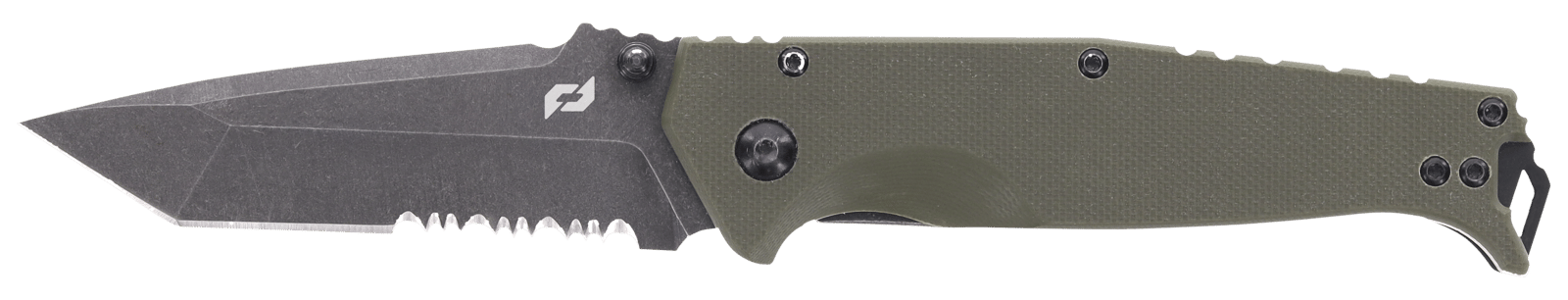 Schrade 1159324 Melee  3.50" Folding Tanto Part Serrated Dark Stonewash D2 Steel Blade 4.50" OD Green G10/SS Handle