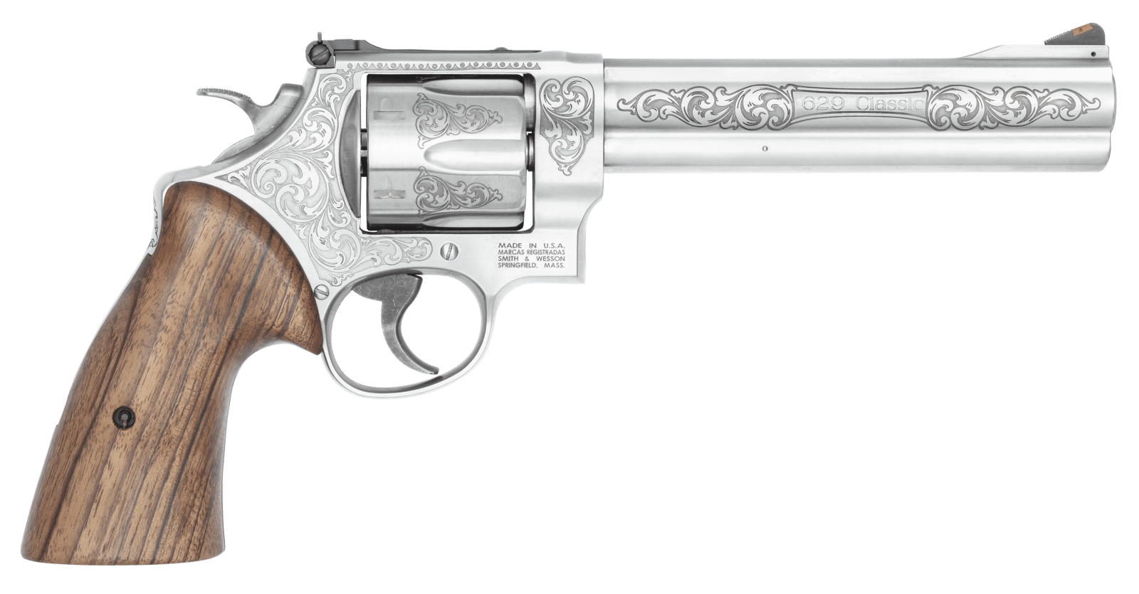 Smith & Wesson 14784 Model 629  N-Frame Large 44 S&W Spl/44 Rem Mag 6 Shot 6.50" Stainless Steel Engraved Barrel, Cylinder & Frame, Tyler Gun Works Bear Hugger Walnut Grip, Exposed Hammer