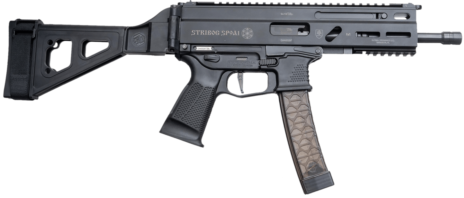 Grand Power 850003223056 SP9A1 Stribog 9mm Luger 30+1 8" Black Threaded Barrel M-LOK Handguard Black Aluminum Picatinny Rail Receiver SB Tactical Brace, Black Polymer Grip, Thread Protector