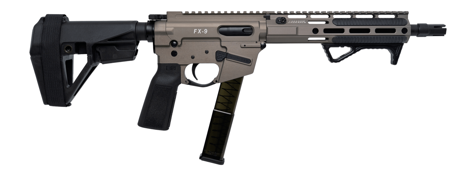 Freedom Ordance FX9P10E-FDE FX9P Elite 9mm Luger 10" Black Nitride Threaded Barrel, Flat Dark Earth Anodized Aluminum Receiver w/Picatinny Rail, M-LOK Handguard, Black Polymer SB Tactical SBA5 Brace,