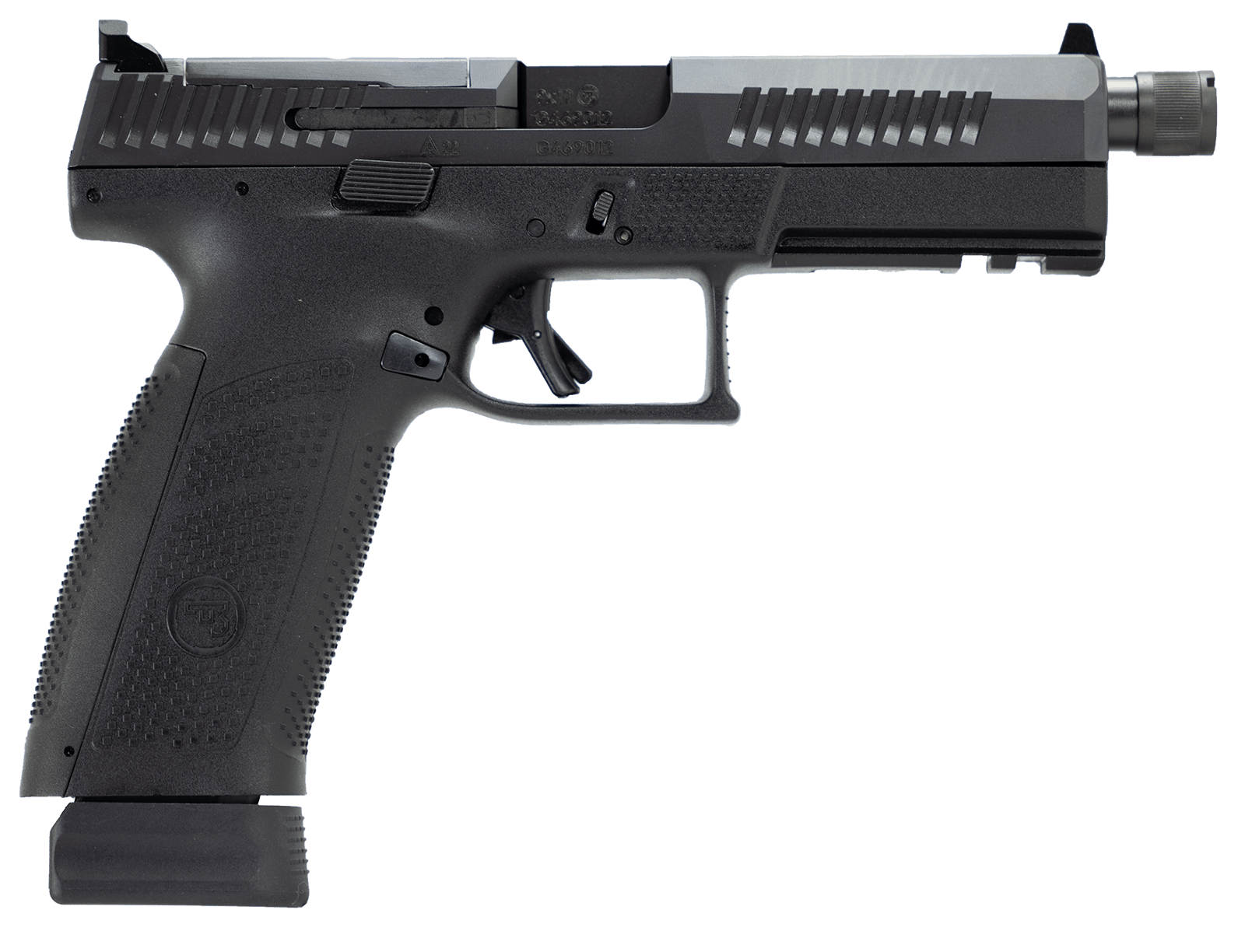 CZ-USA 91556 P-10 F 9mm Luger 21+1 5.10" Black Threaded Barrel, Black Nitride Steel Optic Ready/Serrated Slide, Black Polymer Frame w/Picatinny Rail, Interchangeable Backstrap Grip, Ambidextrous