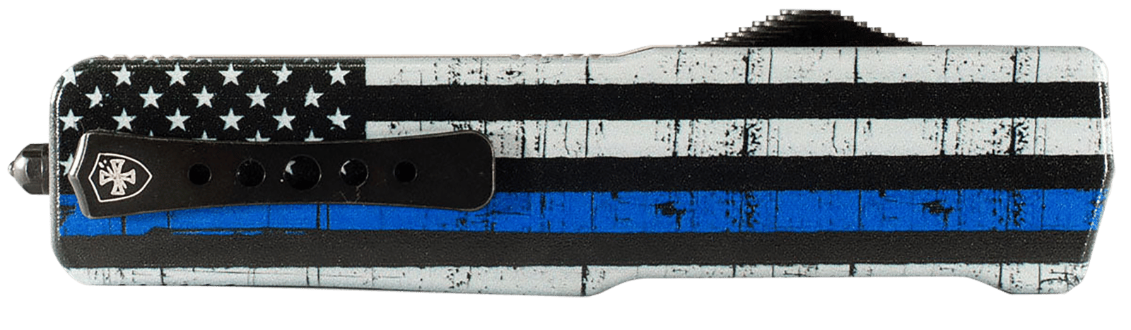 Templar Knife SABTB32 Premium LW We Back You Small 3" OTF Drop Point Plain Black Oxide Stonewashed D2 Steel Blade, 4.50" Black & White w/Blue Line Aluminum Handle