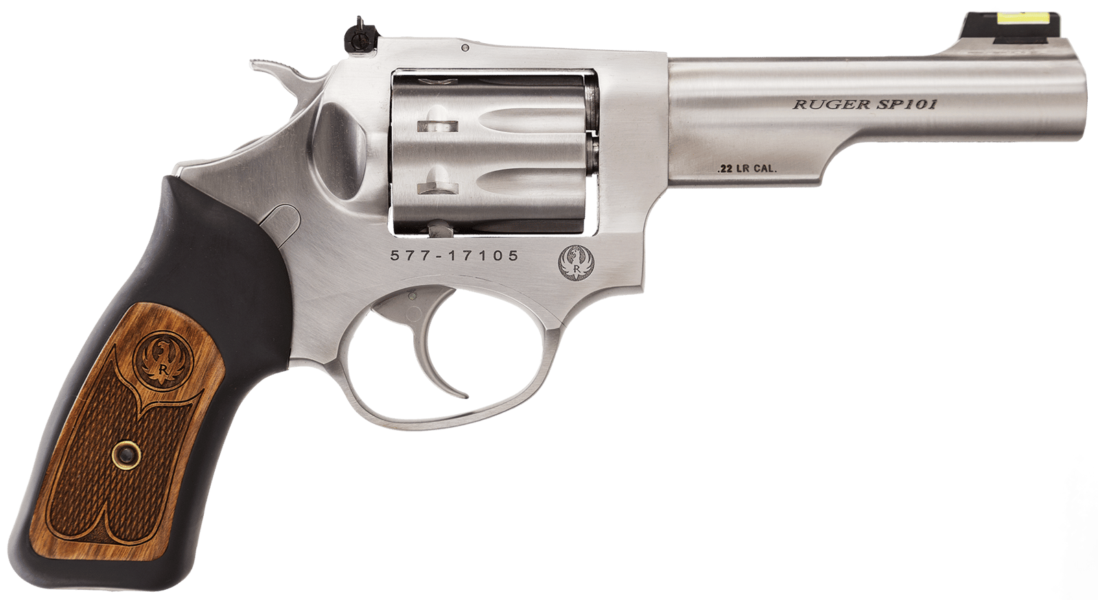 Ruger 5765 SP101 22 LR 8rd 4.20" Satin Stainless Steel Barrel, Cylinder & Frame, Black Rubber w/Wood Insert Grip, Transfer Bar Safety, Exposed Hammer