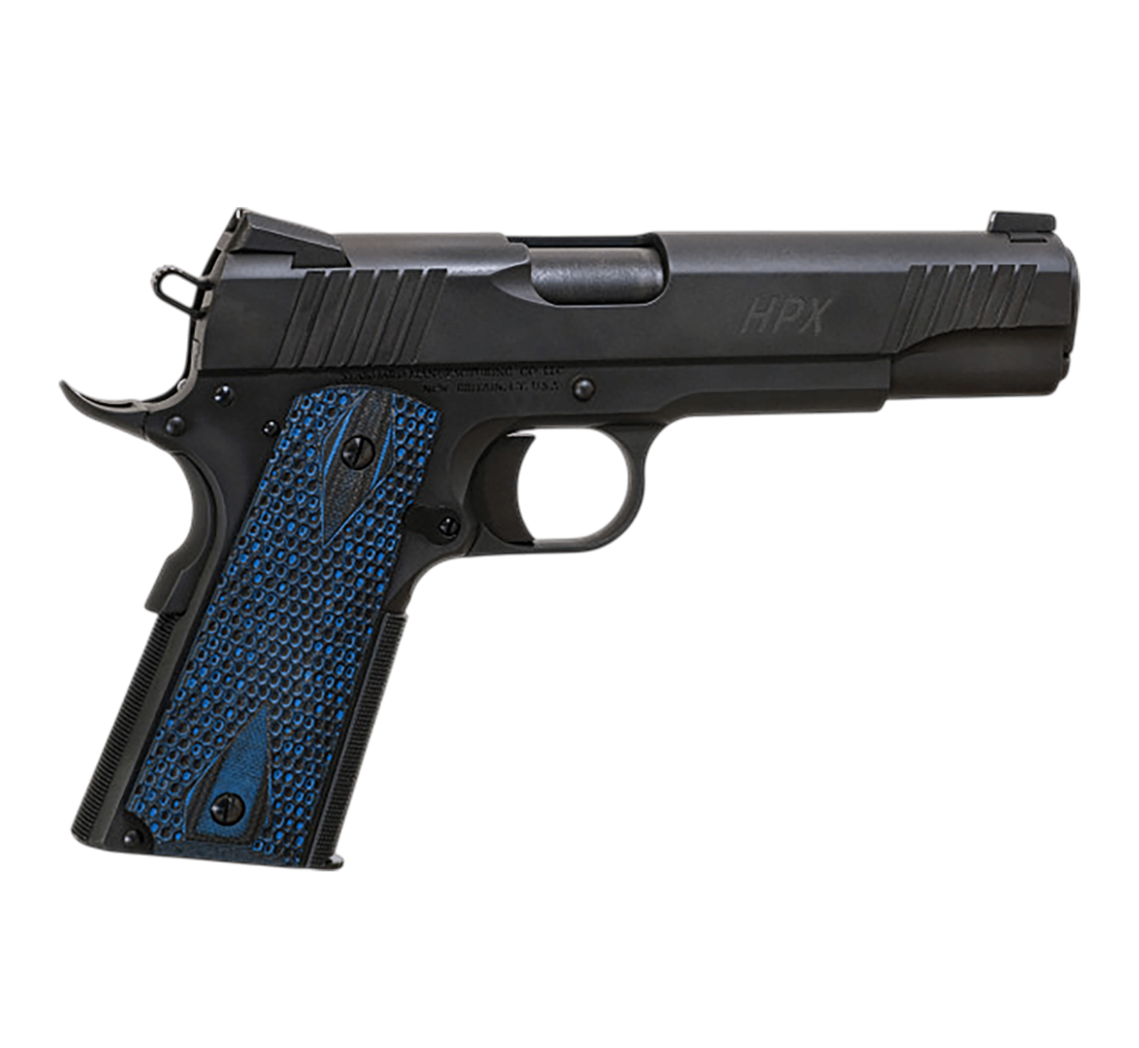 Standard Mfg 1911 HPX Full Size Frame 45 ACP 7+1 5" Black Match Grade Barrel, Satin Steel Serrated Slide, Black Satin Steel Frame w/Beavertail, Black/Blue Honeycomb Grip