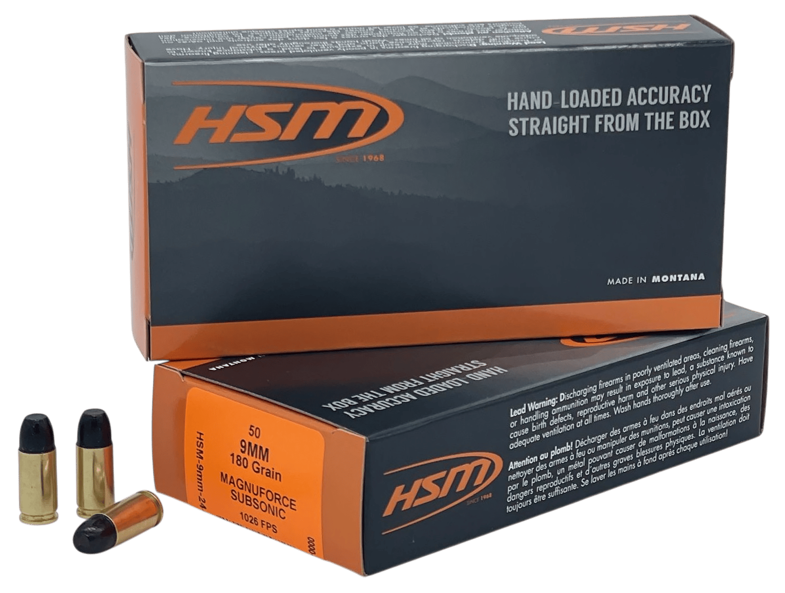HSM 9MM24N 9mmLuger Subsonic 180gr Hard Cast Long Flat Nose 50 Per Box/10 Case