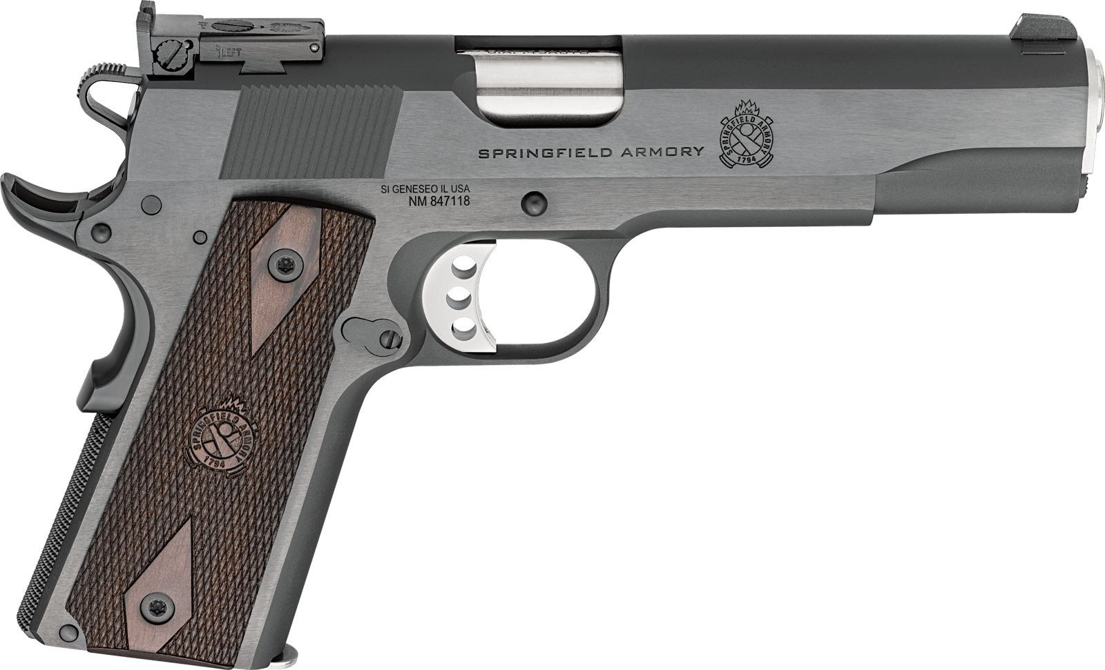 Springfield Armory PX9420ADJ 1911 Garrison Full Size 45 ACP 7+1 5" Stainless Match Grade Barrel, Blued Carbon Steel Serrated Slide, Blued Carbon Steel Frame w/Beavertail, Thinline Wood Grip